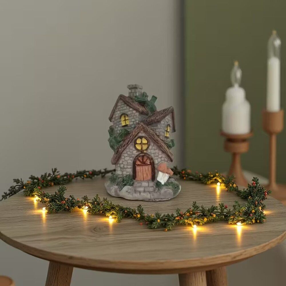 Cozy Forest House w Mushrooms Resin Holiday Tabletop Decor, 4.4" x 3.0"